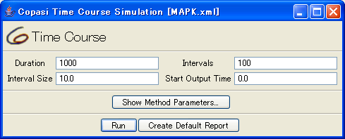Copasi Time Course Simulation dialog