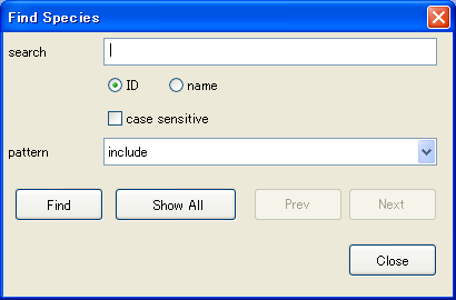 "Find Species" dialog
