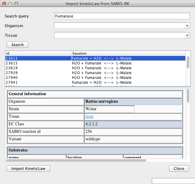 SABIO Reaction Kinetics Database dialog